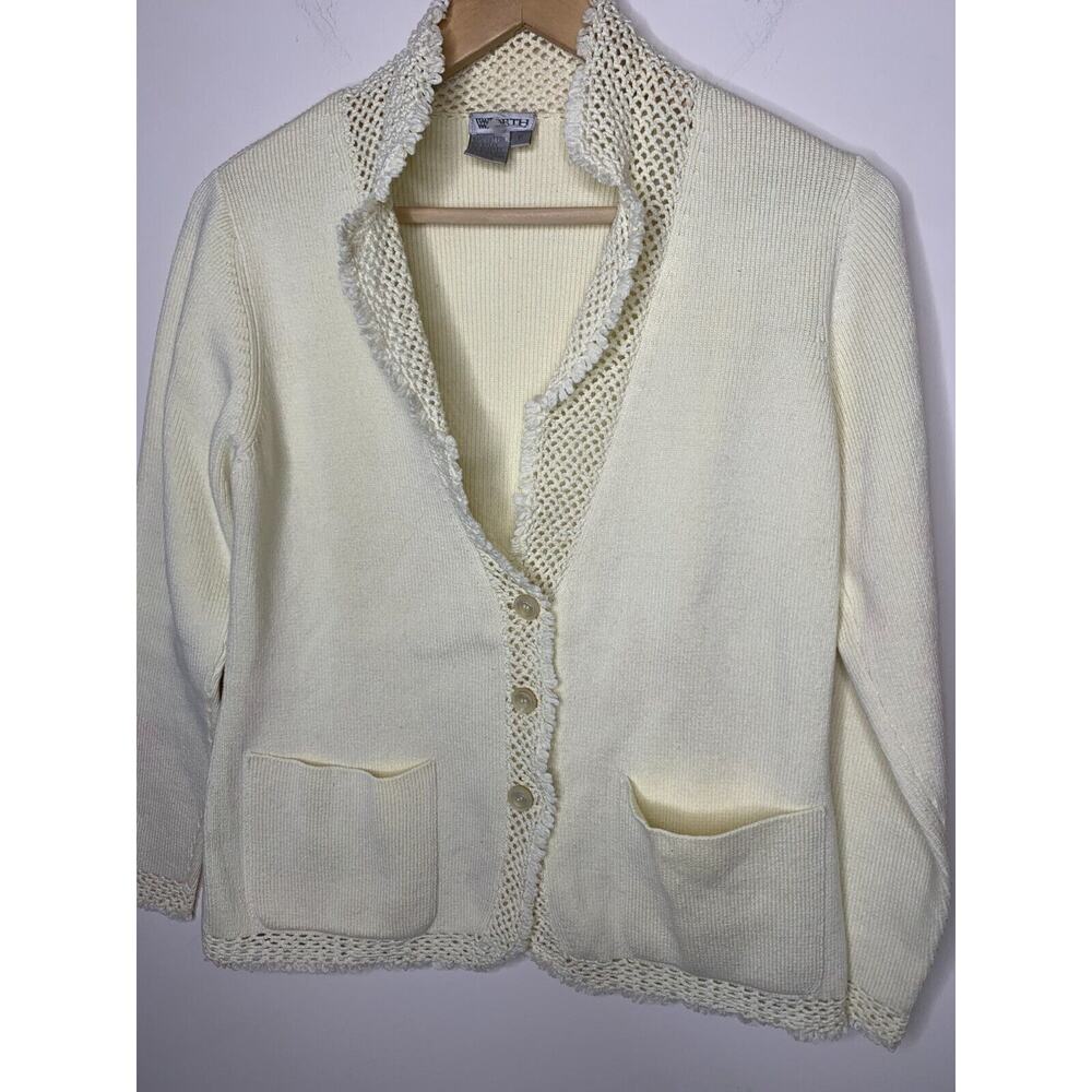 Worth Womens Size P Cardigan Sweater Ivory Pockets Grandmacore Crochet - Picture 3 of 5